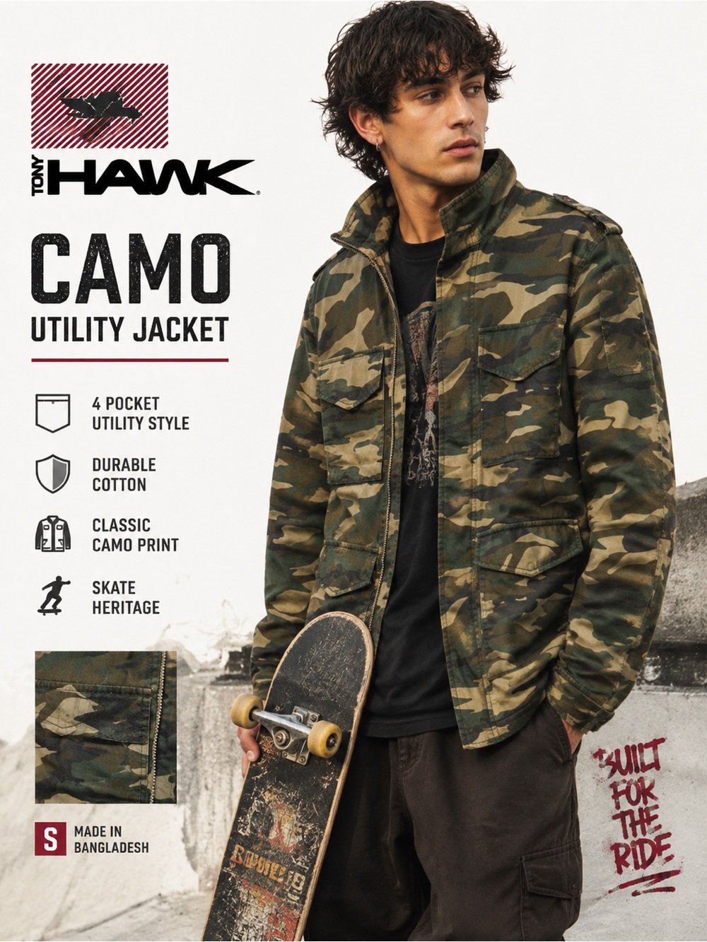 Tony Hawk Men’s Camo Utility Jacket Retro Skate Y2K Streetwear Size S